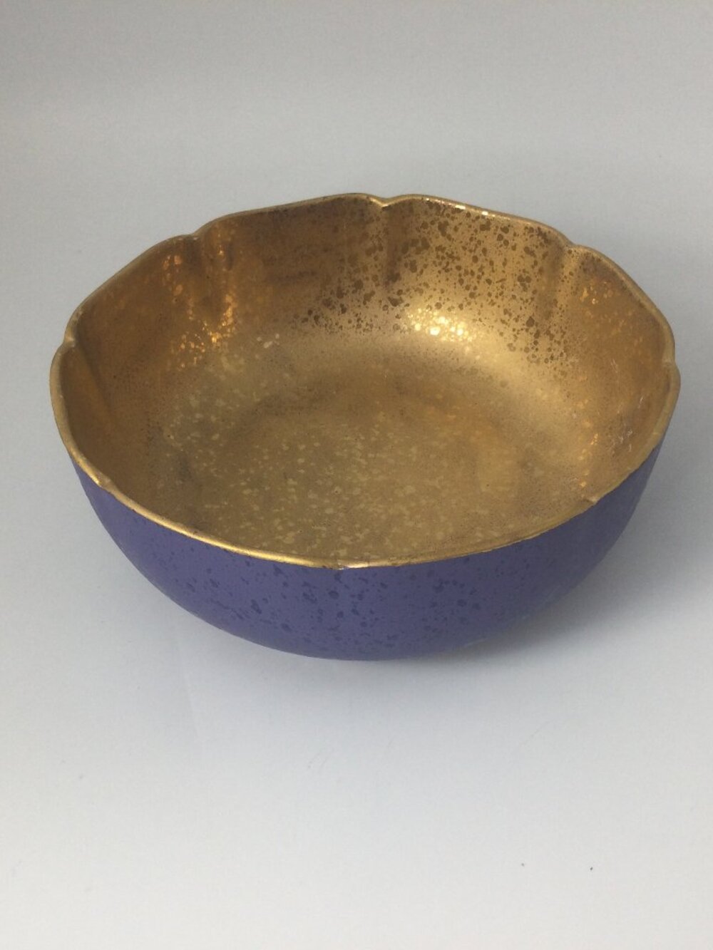 Arita Asian Vintage Ceramic Bowl Scalloped Rim Blue Gold Speckled Luster 7" W